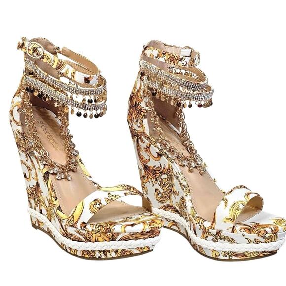 Gold and White Platform Wedge Shoe Dazzle Embellished Ankle Straps Size 8.5 - Picture 2 of 10